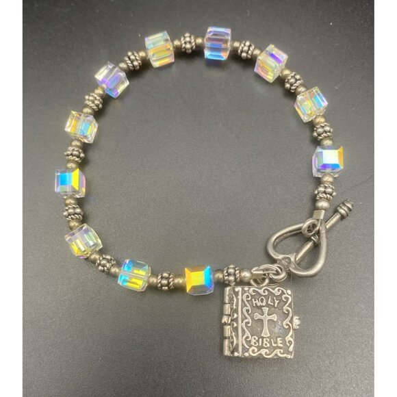 AB Crystal Cube Bracelet Bible Locket Charm Opens Mary Baby Jesus 925 Silver 7.5 - Picture 1 of 11